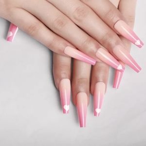Press On Nails Pink With White Hearts